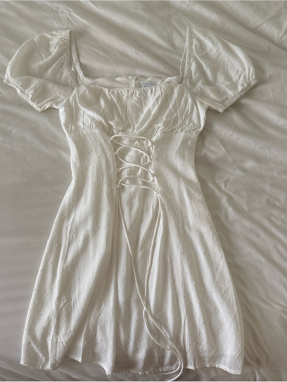 Princess Polly White Puff-Sleeve Eyelet Lace-Up Mini Dress